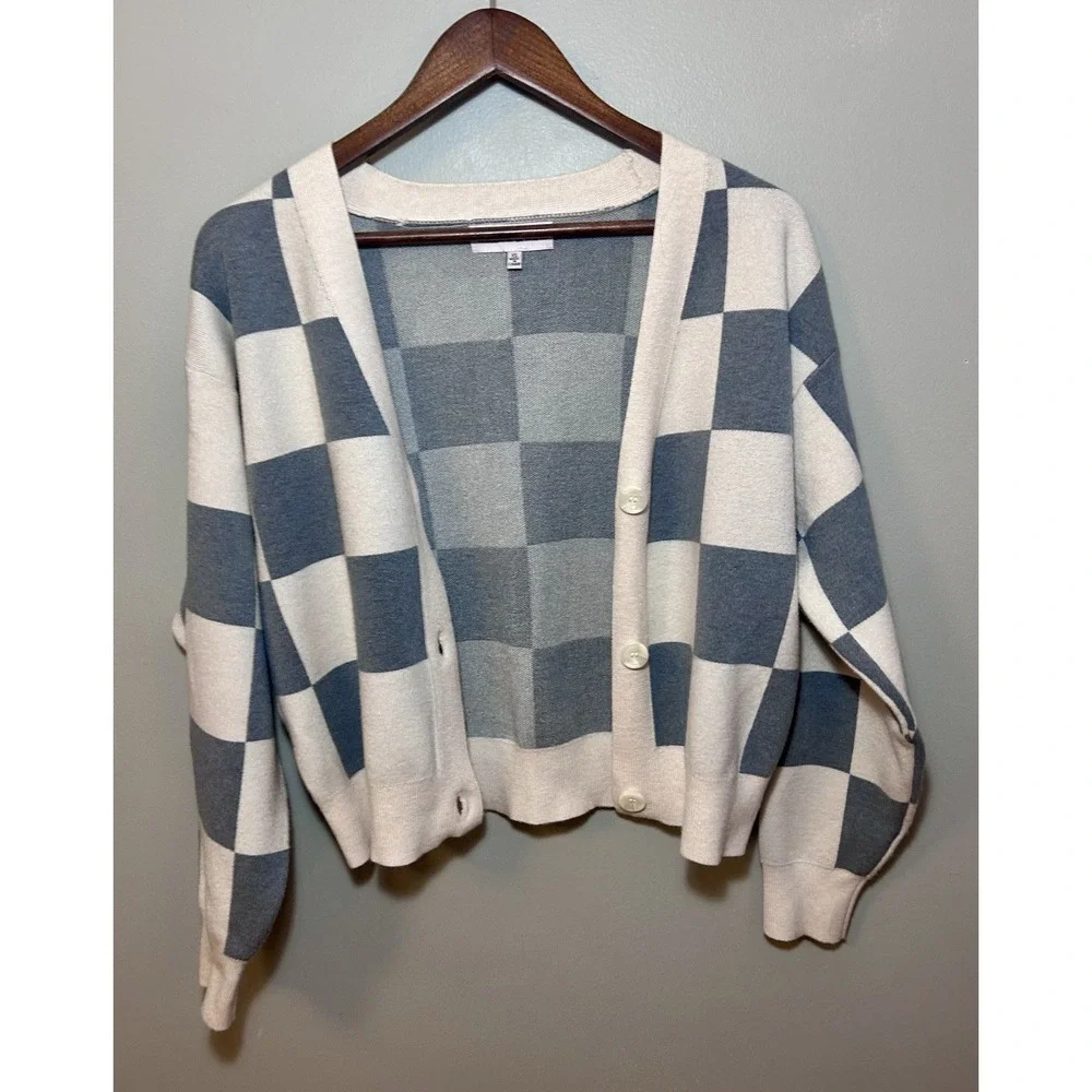 Willow‎ And Wind XS Checkered Cardigan Ivory/grey. Valentine's Girly Slay Crop - Picture 12 of 16